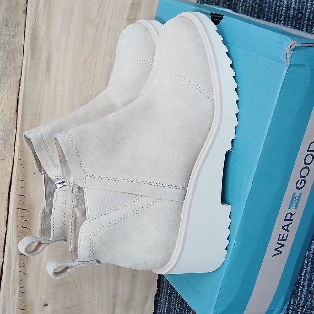 Toms Maude Wedge Chelsea Boot Oatmeal Tan Leather Upper Ankle Bootie Zip Size 8 - Picture 7 of 10